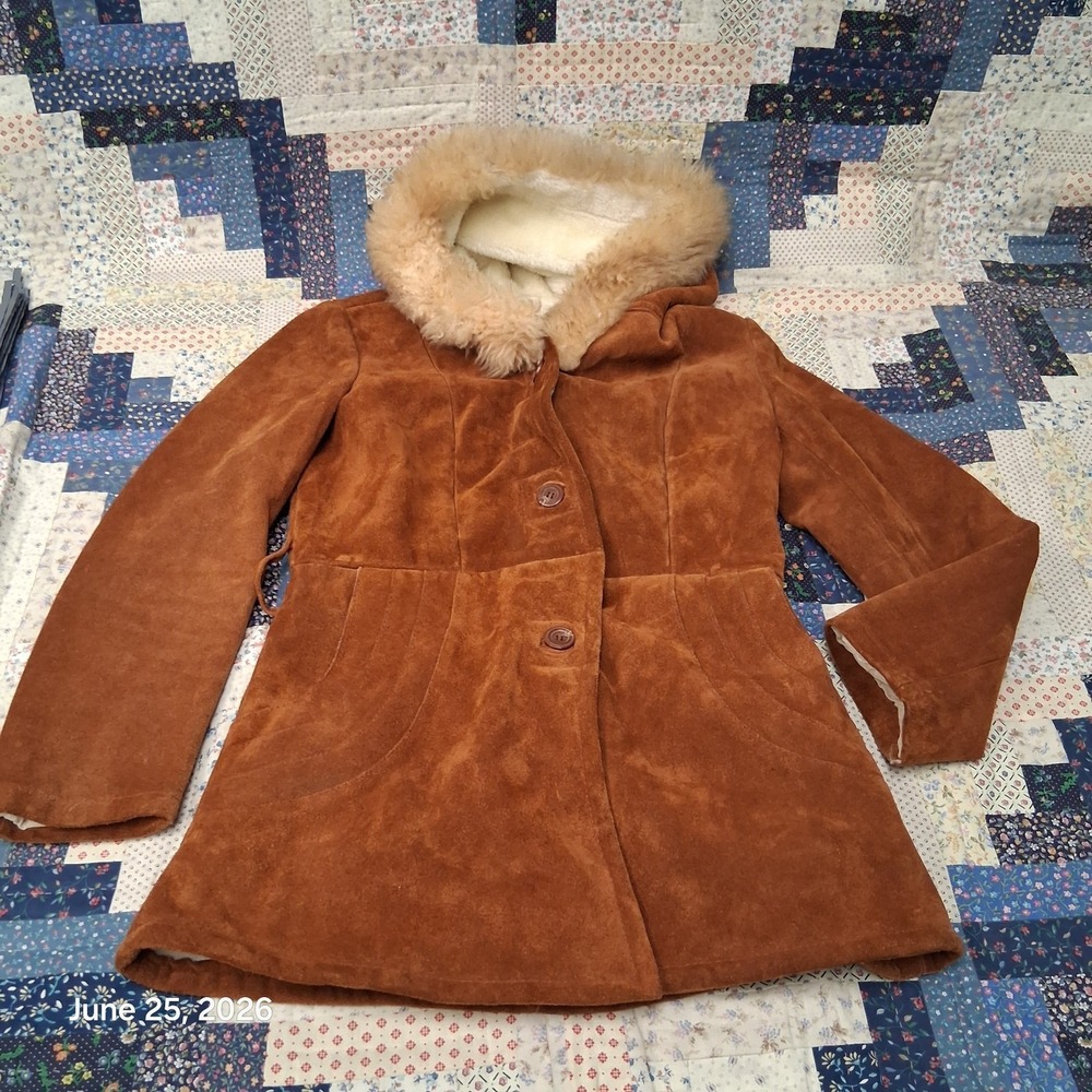 Vintage Bermans Leather Hooded Jackete Womens 12 Brown Faux Fur Trim Sherpa Line